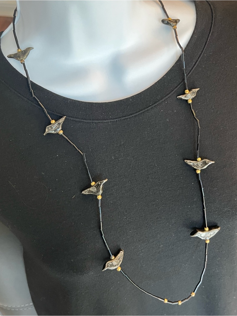 Artisan Black and Gold Raven-Bead Long Necklace Crow Corvid
